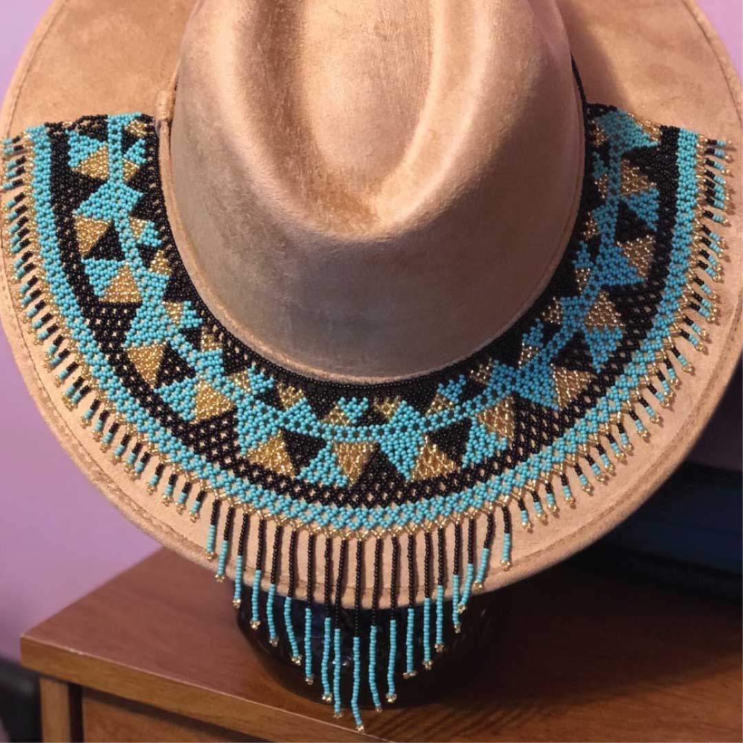 Wide Brimmed Hat with Beadwork in Tan | AmaDa Artesania