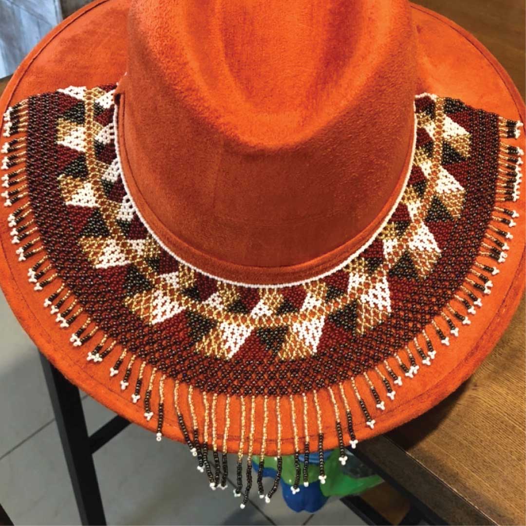 Wide Brimmed Hat with Beadwork in Burnt Orange | AmaDa Artesania