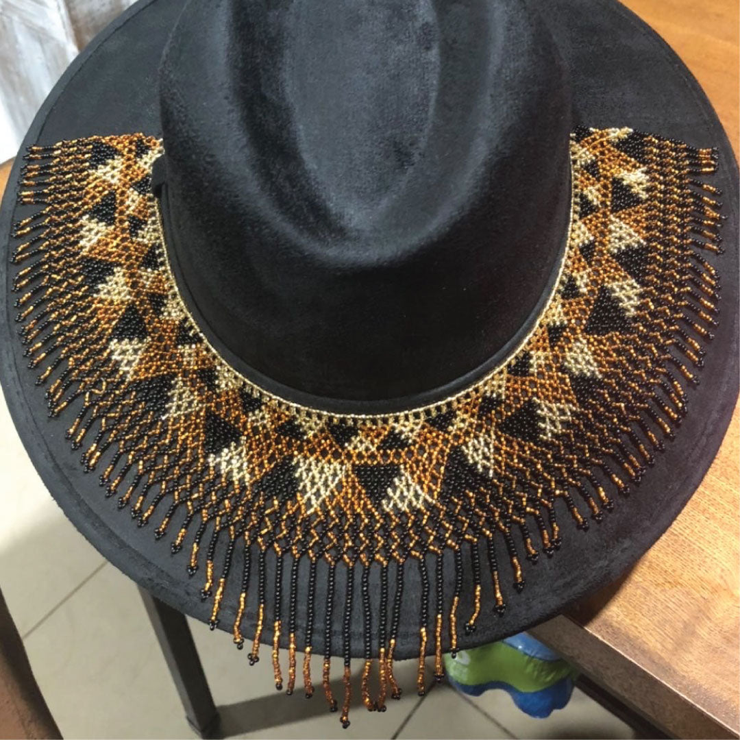 Wide Brimmed Hat with Beadwork in Black | AmaDa Artesania