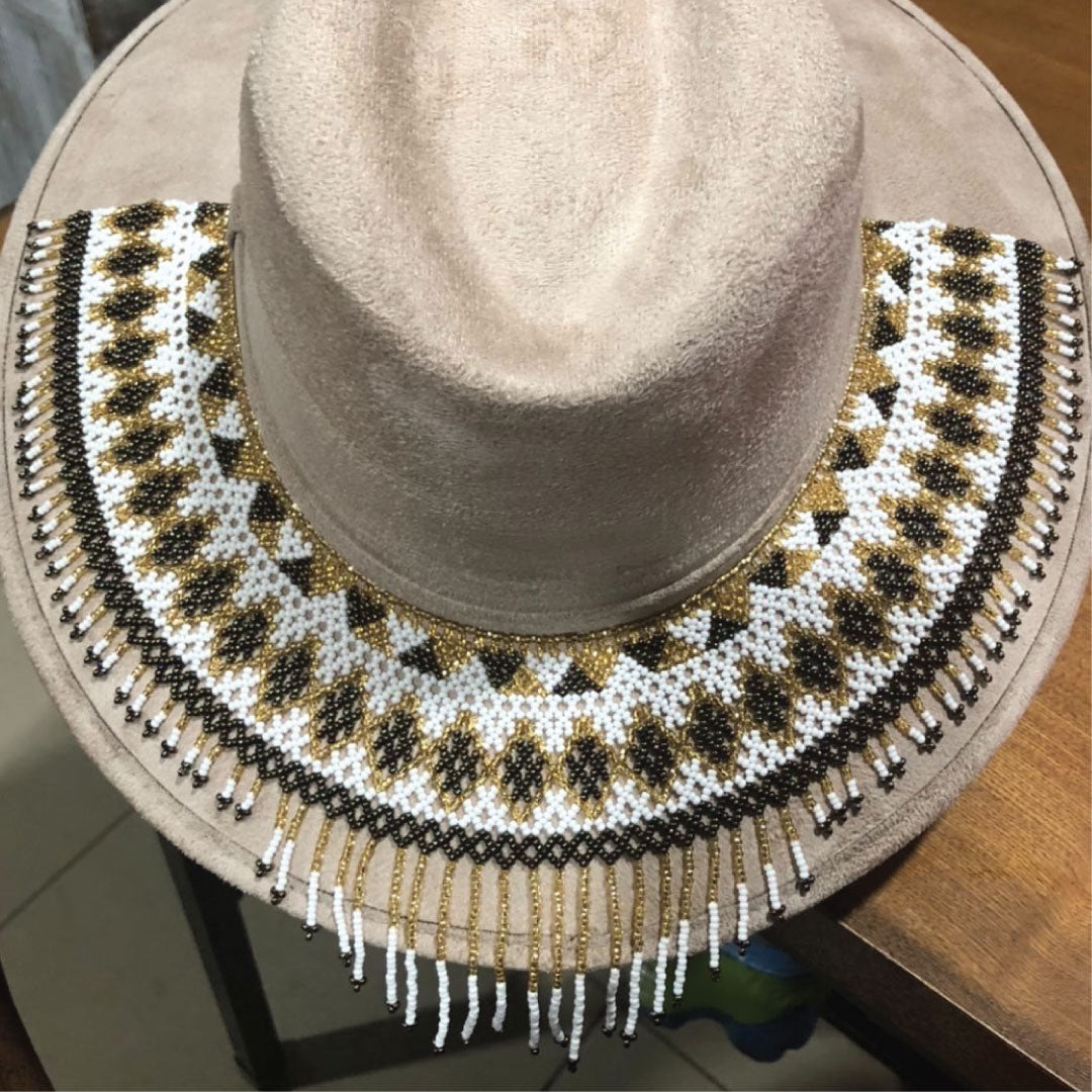 Wide Brimmed Hat with Beadwork in Taupe | AmaDa Artesania